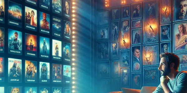 A cozy living room with a film enthusiast using a laptop to explore a vibrant online movie streaming platform.