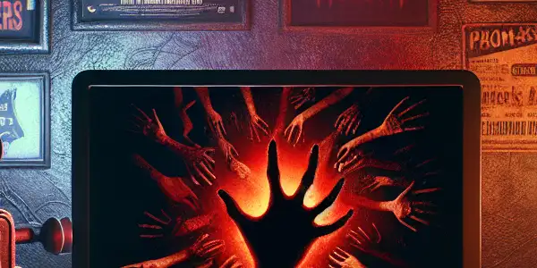 A dimly lit room with a glowing computer screen, vintage horror posters, and eerie shadows creating a tense atmosphere.