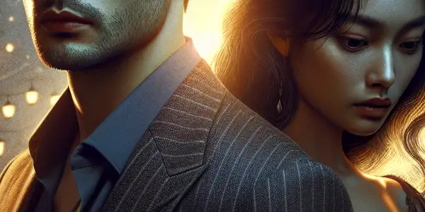 A tense moment between a man and woman in a dimly lit urban setting, embodying forbidden love.