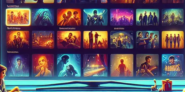 A cozy living room with a movie streaming interface, featuring diverse film thumbnails and a comfortable movie night setup.