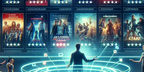 A futuristic online cinema platform featuring diverse film fans in a cozy living room, engaging with holographic movie selections.