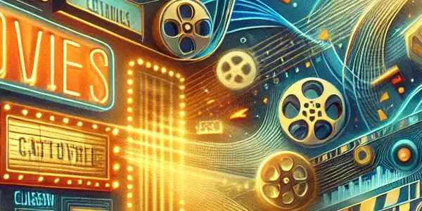 A modern digital interface showcasing various film genres with cozy home theater elements and movie-watching accessories.