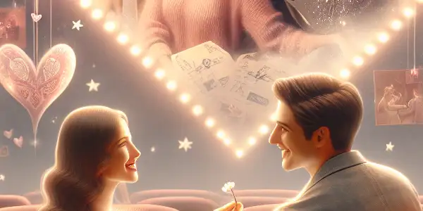 A cozy movie theater scene featuring a joyful couple surrounded by whimsical hearts and social security symbols.