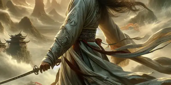 A young hero in traditional attire stands confidently with a sword in an ancient Chinese landscape amidst conflict.