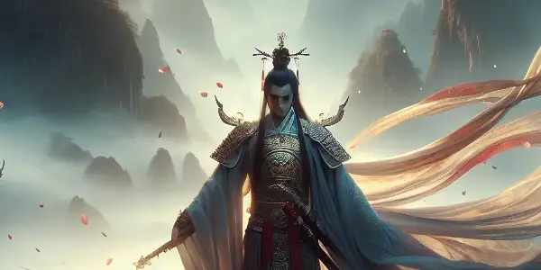 A solitary warrior in traditional armor wields a glowing sword amidst a misty ancient Chinese landscape.