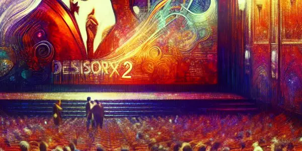 A lively film screening room with plush seating, an illuminated movie poster, and an engaged audience.