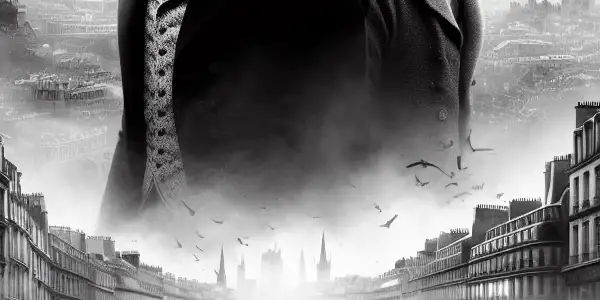 A dramatic scene depicting Charles Darnay and Sydney Carton amid contrasting cityscapes of revolutionary Paris and foggy London.