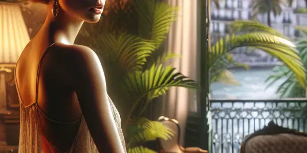 A graceful woman in 1970s Paris, surrounded by lush plants and vintage decor, embodies sensuality and curiosity.