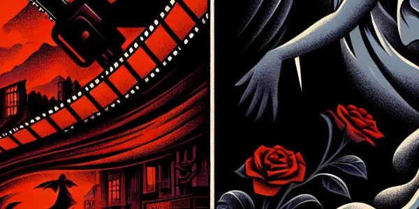 A dramatic movie poster contrasting a horror scene with a romantic atmosphere, highlighting the theme of "restricted films."