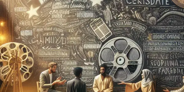 A diverse group of filmmakers brainstorm ideas on a cozy film set, surrounded by vintage equipment and creative notes.