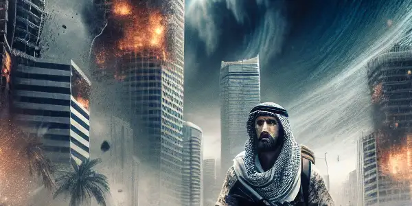 A family navigates a chaotic urban landscape under attack from an earthquake and tsunami amidst a stormy sky.