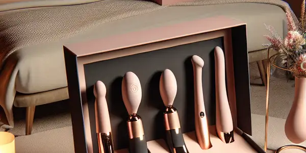 A cozy, intimate bedroom setting featuring elegant smart vibrators and remote-controlled toys, highlighting romance and modern technology.