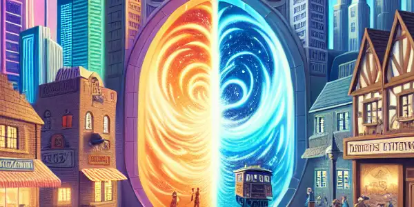 A vibrant scene depicting a futuristic city and a historic village connected by a glowing time portal.