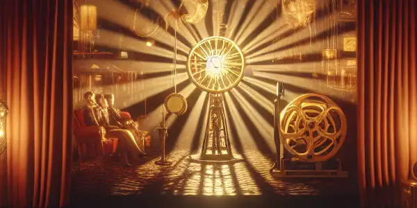 A vintage cinema scene with film enthusiasts, suggestive imagery, and nostalgic decor from the 1970s and 1980s.