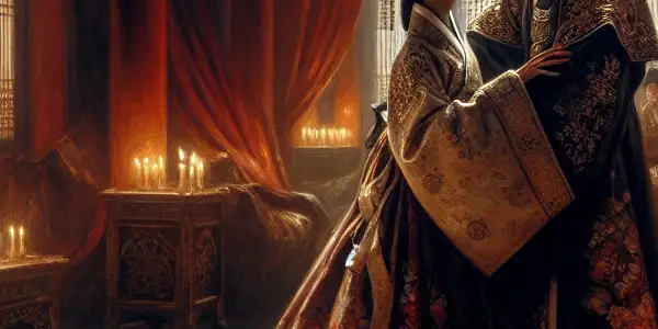 A couple in a traditional Korean palace, sharing an intense emotional moment, surrounded by rich decor and shadows.