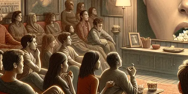 A cozy living room scene with a diverse group of people captivated by a powerful film moment.