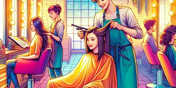 A lively South Korean hair salon scene with diverse clients, a cheerful hairdresser, and vibrant decor.