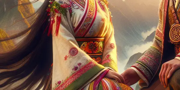 A romantic moment between Ashima and Ahei on a stone peak, surrounded by lush hills and wildflowers at sunset.