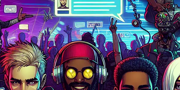 A lively digital chatroom scene with diverse animated characters engaged in conversation, surrounded by colorful tech elements.