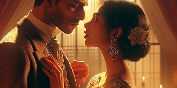 A passionate couple embraces in a dimly lit, luxurious room, exuding romance and emotional tension.