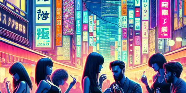 A vibrant Tokyo nightlife scene featuring diverse young adults discussing adult experiences amidst neon lights and colorful billboards.
