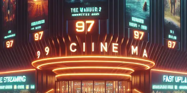 A futuristic cinema bustling with diverse moviegoers, featuring large screens and a colorful marquee showcasing popular films.