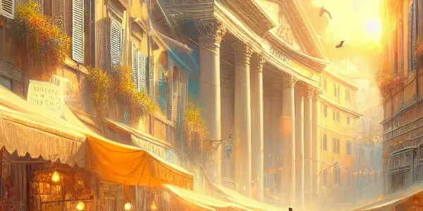 A young traveler discovers a vibrant street artist in a sunlit, bustling Roman market.