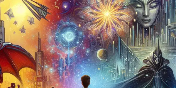 A young adventurer stands at a crossroads of iconic movie landscapes, featuring superheroes, magic, and diverse genres.<a href=