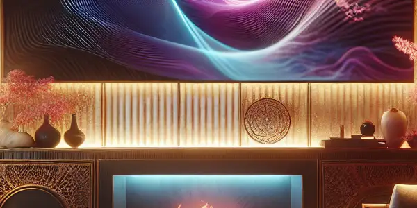 A cozy, upscale living room with a plush sofa, warm lighting, and abstract adult film content on a screen.