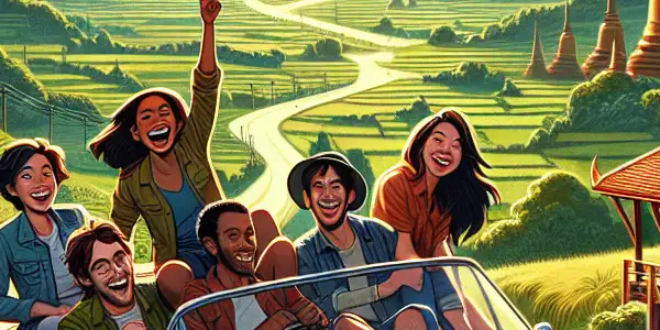 A vibrant movie poster featuring diverse characters on a road trip in a vintage convertible through lush landscapes.