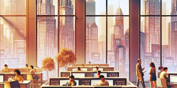 A modern academic office with diverse students engaging with staff and technology, set against the Chengdu skyline.