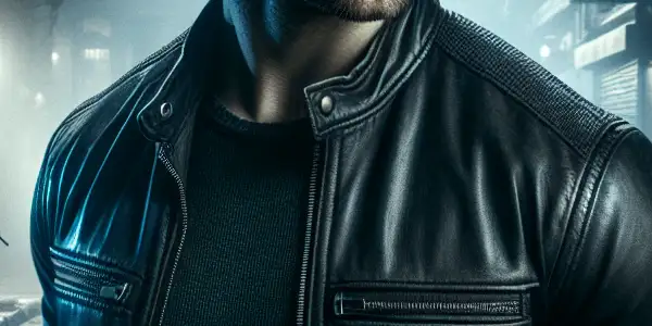 A determined man in a leather jacket stands in a dimly lit alley, sensing danger nearby.