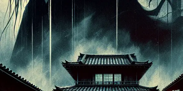 A ghostly figure haunts a misty Japanese house, revealing themes of fear, desire, and psychological tension.