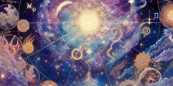A mystical scene featuring zodiac signs as celestial figures around a charismatic character under a starry night sky.