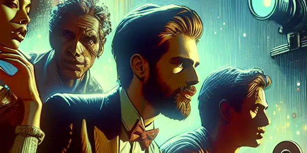 A vibrant, neon-lit cityscape with diverse characters engaged in flirtatious interactions, evoking romance and adventure.