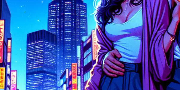 A neon-lit Tokyo cityscape featuring a stylish couple, symbolizing passion and the adult film industry.
