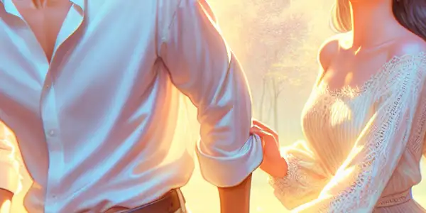 A joyful young couple playfully interacting under blooming cherry blossoms in a sunlit park.