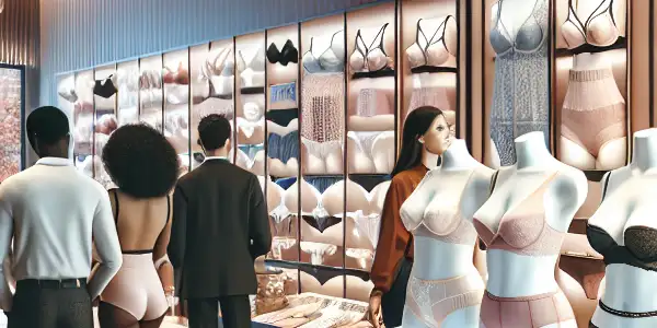 A modern lingerie store showcasing elegant, virus-free lingerie with diverse shoppers in a cozy, upscale atmosphere.