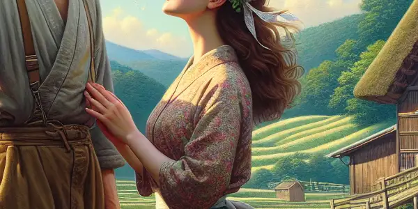 A rustic Japanese countryside scene featuring a farmer and a young woman sharing a warm, romantic moment.