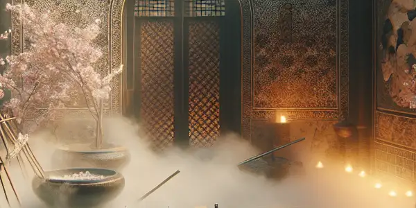 A serene figure relaxes in a steaming Japanese bathhouse, surrounded by cherry blossom petals and warm, ambient lighting.