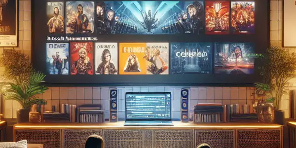 A cozy living room with diverse characters enjoying a fictional adult film on a large screen, emphasizing comfort and privacy.