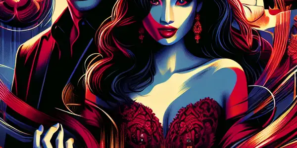 A bold film poster featuring a confident male and alluring female lead in high-fashion outfits against a vibrant cityscape.