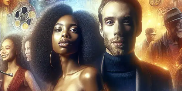 A vibrant film set featuring a male and female actor, surrounded by crew, props, and subtle aphrodisiac elements.