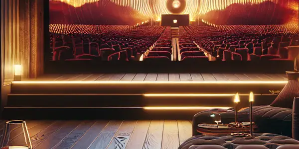 A luxurious home theater with plush seating, a large screen, wine, popcorn, and elegant decor.