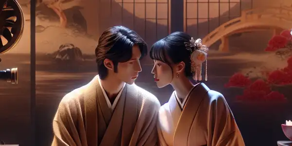 A couple shares a tender moment in a softly lit Japanese room, surrounded by traditional decor and cherry blossoms.