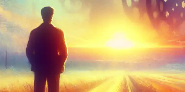 A solitary man in a vast rural landscape, reflecting on loneliness and desire at sunset.