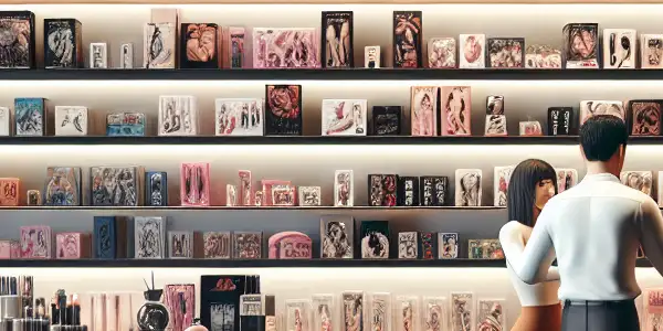 A modern adult novelty store interior with neatly arranged toys, inviting ambiance, and friendly staff engaging with customers.