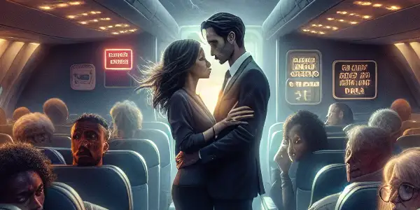 A tense airplane cabin scene with diverse passengers experiencing fear and intimacy during turbulence.