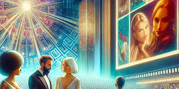 A vibrant theater scene at the 2023 Macao International Film Festival celebrating adult films and erotic cinema.