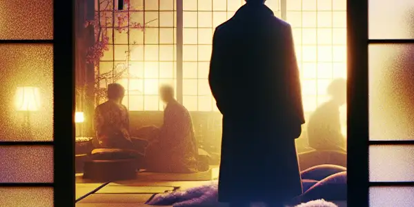 A shadowy figure peers through a frosted window into a dimly lit Japanese room filled with mystery.